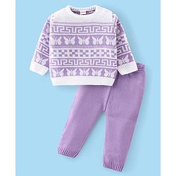 Babyhug Knit Full Sleeves Sweater Set with Butterfly Design -Lavender