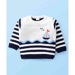 Babyhug Knit Full Sleeves Sweater Set With Stripes & Nautical Theme Design - Navy Blue & White