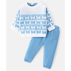 Babyhug Knit Full Sleeves Sweater Set With Butterfly Design - Sky Blue