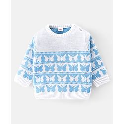 Babyhug Knit Full Sleeves Sweater Set With Butterfly Design - Sky Blue
