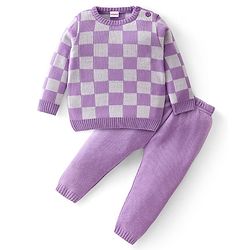 Babyhug Knitted Full Sleeves Sweater Set with Checkered Design - Purple