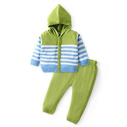 Babyhug Knitted Full Sleeves Striped Hooded Front Open Sweater Set - Sky Blue & Lime