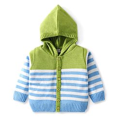 Babyhug Knitted Full Sleeves Striped Hooded Front Open Sweater Set - Sky Blue & Lime