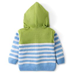 Babyhug Knitted Full Sleeves Striped Hooded Front Open Sweater Set - Sky Blue & Lime