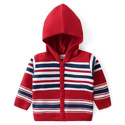 Babyhug Knitted Full Sleeves Hooded Front Open Sweater Set with Striped Design - Multicolour