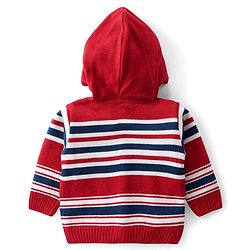 Babyhug Knitted Full Sleeves Hooded Front Open Sweater Set with Striped Design - Multicolour