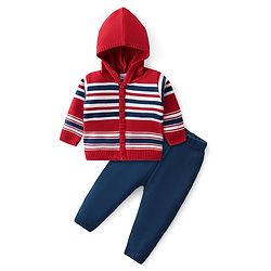 Babyhug Knitted Full Sleeves Hooded Front Open Sweater Set with Striped Design - Multicolour
