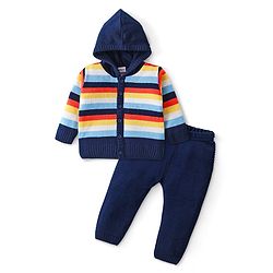 Babyhug Knitted Full Sleeves Hooded Front Open Sweater Set - Navy Blue