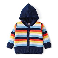 Babyhug Knitted Full Sleeves Hooded Front Open Sweater Set - Navy Blue