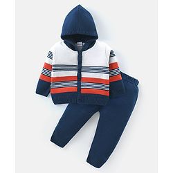 Babyhug Knitted Full Sleeves Striped Hooded Sweater Set - Blue & Orange