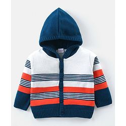Babyhug Knitted Full Sleeves Striped Hooded Sweater Set - Blue & Orange