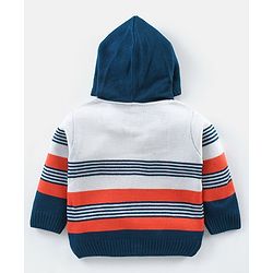 Babyhug Knitted Full Sleeves Striped Hooded Sweater Set - Blue & Orange