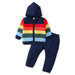 Babyhug Knitted Full Sleeves Colour Block Front Open Hooded Sweater Set - Navy Blue