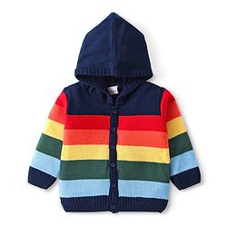 Babyhug Knitted Full Sleeves Colour Block Front Open Hooded Sweater Set - Navy Blue