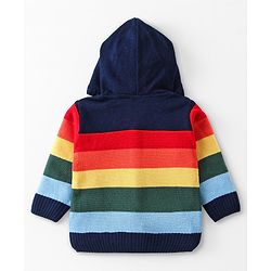 Babyhug Knitted Full Sleeves Colour Block Front Open Hooded Sweater Set - Navy Blue
