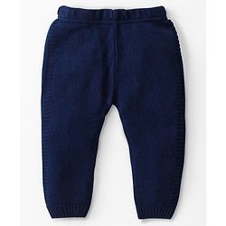 Babyhug Knitted Full Sleeves Colour Block Front Open Hooded Sweater Set - Navy Blue