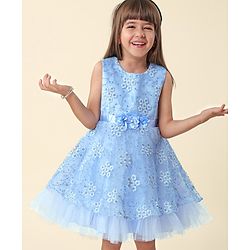 Babyhug  Sleeveless Fit &  Flare Floral Embroidered Party Frock with Applique - Aqua Blue