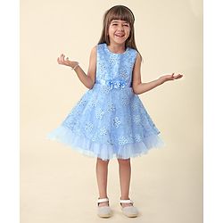 Babyhug  Sleeveless Fit &  Flare Floral Embroidered Party Frock with Applique - Aqua Blue
