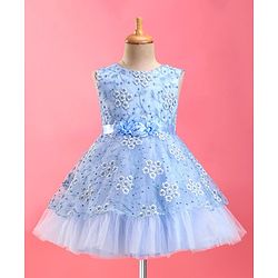 Babyhug  Sleeveless Fit &  Flare Floral Embroidered Party Frock with Applique - Aqua Blue