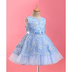 Babyhug  Sleeveless Fit &  Flare Floral Embroidered Party Frock with Applique - Aqua Blue