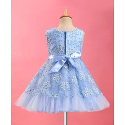 Babyhug  Sleeveless Fit &  Flare Floral Embroidered Party Frock with Applique - Aqua Blue
