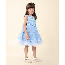 Babyhug  Sleeveless Fit &  Flare Floral Embroidered Party Frock with Applique - Aqua Blue