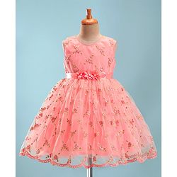 Babyhug Sleeveless Embroidered Party Frock with Floral Applique - Pink