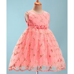 Babyhug Sleeveless Embroidered Party Frock with Floral Applique - Pink
