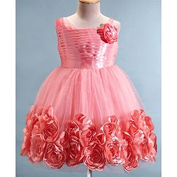 Babyhug Sleeveless Fit & Flared Party Frock with Pleated Detailing & Floral Embellishment - Coral