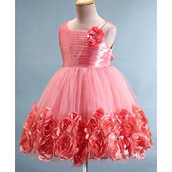 Babyhug Sleeveless Fit & Flared Party Frock with Pleated Detailing & Floral Embellishment - Coral