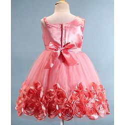 Babyhug Sleeveless Fit & Flared Party Frock with Pleated Detailing & Floral Embellishment - Coral