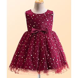 Babyhug Woven Sleeveless Fit and Flare Shimmery Party Frock with Bow Applique- Wine