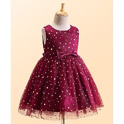 Babyhug Woven Sleeveless Fit and Flare Shimmery Party Frock with Bow Applique- Wine