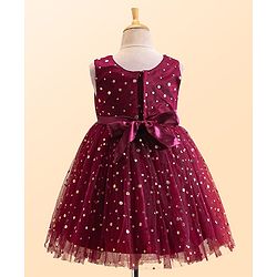 Babyhug Woven Sleeveless Fit and Flare Shimmery Party Frock with Bow Applique- Wine