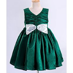 Babyhug Woven Sleeveless Fit and Flare Party Frock with Sequin Bow Detailing - Bottle Green