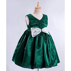 Babyhug Woven Sleeveless Fit and Flare Party Frock with Sequin Bow Detailing - Bottle Green