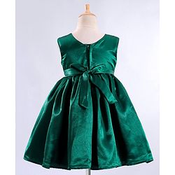 Babyhug Woven Sleeveless Fit and Flare Party Frock with Sequin Bow Detailing - Bottle Green