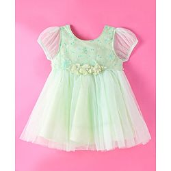 Babyhug Woven Puffed Sleeves Dress With Floral Aplique -  Light Green