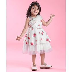 Babyhug One Shoulder Sleeves Fit & Flared Party Frock with Sequin Ruffle & Bow Detailing  Floral Print - White