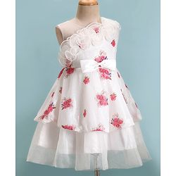 Babyhug One Shoulder Sleeves Fit & Flared Party Frock with Sequin Ruffle & Bow Detailing  Floral Print - White