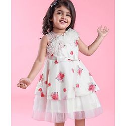 Babyhug One Shoulder Sleeves Fit & Flared Party Frock with Sequin Ruffle & Bow Detailing  Floral Print - White