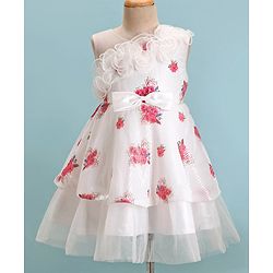 Babyhug One Shoulder Sleeves Fit & Flared Party Frock with Sequin Ruffle & Bow Detailing  Floral Print - White