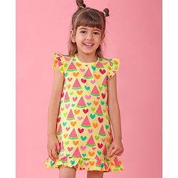 Babyhug Single Jersey Knit Frill Sleeves Nighty Watermelon and Heart Print - Yellow