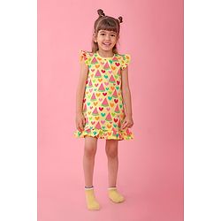 Babyhug Single Jersey Knit Frill Sleeves Nighty Watermelon and Heart Print - Yellow