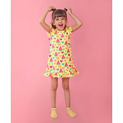 Babyhug Single Jersey Knit Frill Sleeves Nighty Watermelon and Heart Print - Yellow
