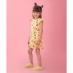 Babyhug Single Jersey Knit Frill Sleeves Nighty Watermelon and Heart Print - Yellow