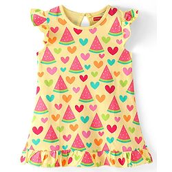 Babyhug Single Jersey Knit Frill Sleeves Nighty Watermelon and Heart Print - Yellow