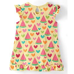 Babyhug Single Jersey Knit Frill Sleeves Nighty Watermelon and Heart Print - Yellow