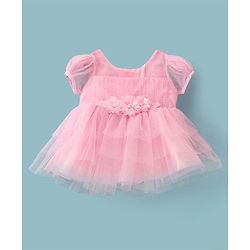 Babyhug Woven Puff Sleeves Shimmered  Frock  With Floral Applique - Pink