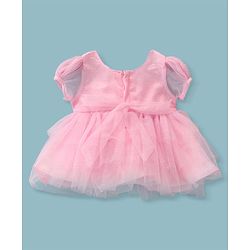 Babyhug Woven Puff Sleeves Shimmered  Frock  With Floral Applique - Pink